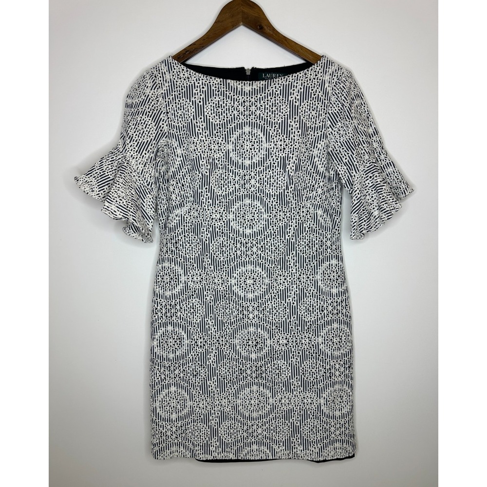 Lauren Ralph Lauren Embroidered Cotton Eyelet Bell Sleeve Sheath Dress Size 4 - Picture 2 of 14